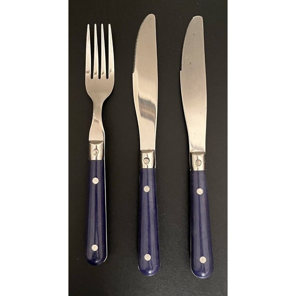VTG MCM Stainless Steel China Flatware Colbalt Blue 1 Fork 2 Knifes Silverware